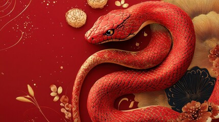 Obraz premium Happy Chinese New Year 2025,Year of the snake zodiac sign,Snake illustration and design,Asian elements gold paper cut style,Lunar new year concept,New Year card 2025.