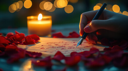 Romantic Scene of Hand Writing on Paper Surrounded by Rose Petals and Soft Candlelight with Blurry Bokeh Background for Love and Affection Concepts