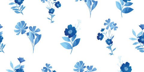 Blue indigo watercolor flower pattern seamless background vector. Watercolor hand painted botanical floral, daisy, wildflower, eucalyptus leaves. Design for wallpaper, banner, print, website.