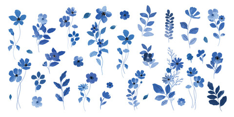 Collection of blue indigo watercolor flower elements vector. Set floral of wildflower, leaf branch, foliage. Hand drawn blossom illustration for decor, wedding card, clipart.