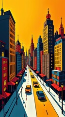 Obraz premium Pop Art Cityscape with Geometric Buildings and Bold Orange Sky