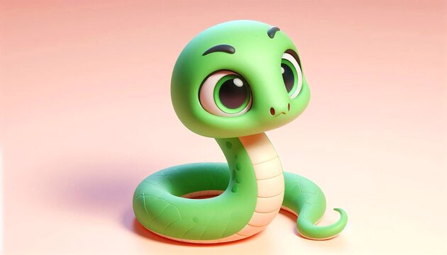 Adorable green 3d cartoon snake with big expressive eyes and a playful pose