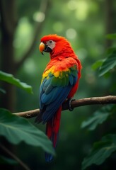 Fototapeta premium Colorful Scarlet Macaw Perched on Branch in Rainforest
