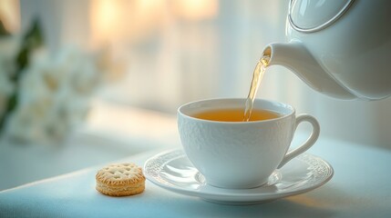Tea pouring from teapot into cup with biscuit.