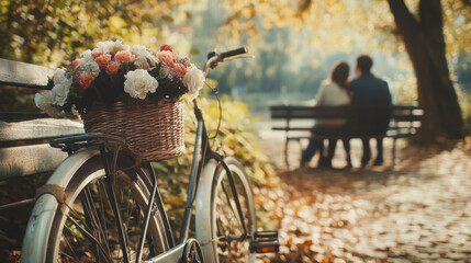 Charming Autumn Scene with a Vintage Bicycle Decorated with Flowers, Inviting Couples to Enjoy a Romantic Afternoon in a Beautiful Park Surrounded by Colorful Foliage