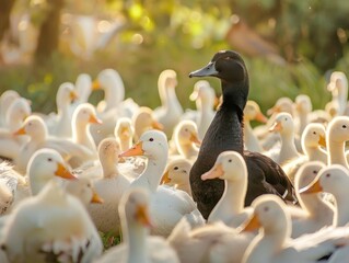 Obraz premium A black duck among white ducks, standing out and symbolizing uniqueness. Bright, natural lighting.
