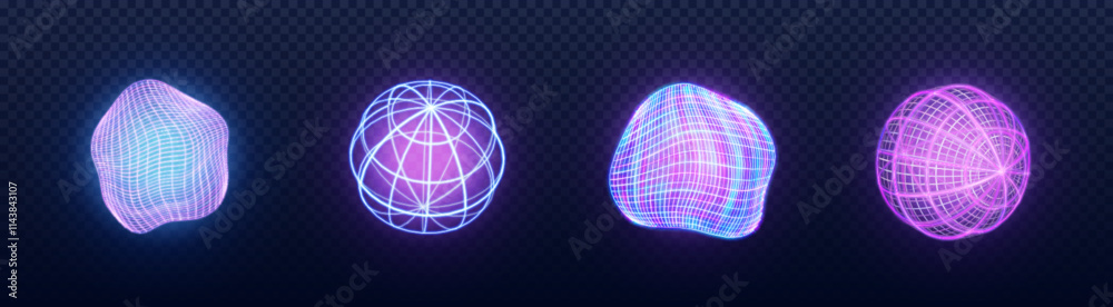 Poster tech sphere 3d wireframe set - neon glowing geometric shapes with grid pattern in purple and pink gr