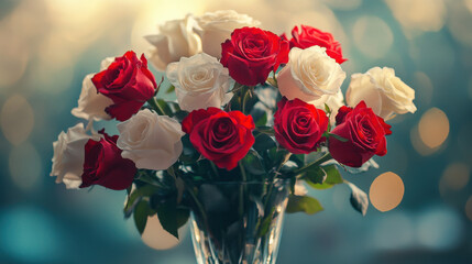 Stunning Arrangement of Red and White Roses in a Glass Vase with a Beautiful Bokeh Background, Perfect for Celebrations and Romantic Occasions