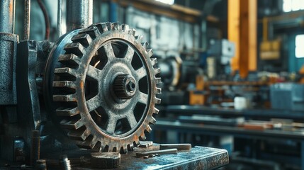 Fototapeta premium Metal Transmission Gear Close-Up in an Industrial Factory Setting