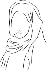 One single line drawing of a muslim lady with head scarf. Beautiful girl wearing a hijab poses, isolated on a white background. Vector illustration, outline of a faceless woman.