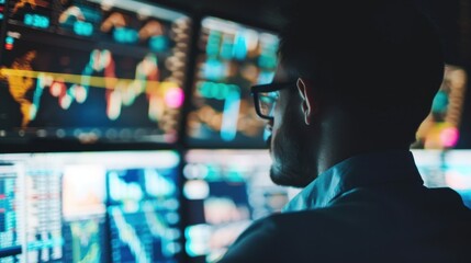 A businessman analyzing complex financial data on multiple screens, showing focus and expertise. Bright, professional lighting.