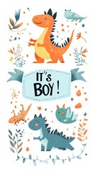 Obraz premium Cute dinosaurs announce baby boy arrival.