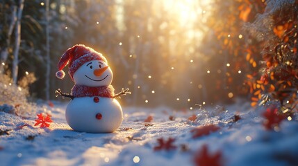 Obraz premium Cheerful Snowman With Red Hat Scarf in Sunny Snowy Landscape During Christmas Season