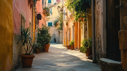 Sunlit cobblestone alleyway in a charming Mediterranean town, featuring colorful buildings, potted plants, and shadows.