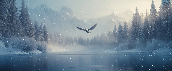 Obraz premium A serene winter landscape with an eagle soaring over a snowy river.