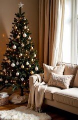 Christmas tree in living room, beige and brown color palette. Color 2025 Mocha mousse 