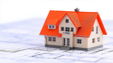Dream Home Blueprint: A charming miniature house model sits atop architectural blueprints, symbolizing the realization of homeownership dreams and the exciting journey of new construction.