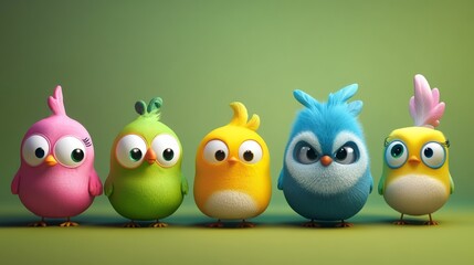 Fototapeta premium Set of 3D Cute Bird Characters in Vibrant Colors on Light Background for Playful Whimsical Design