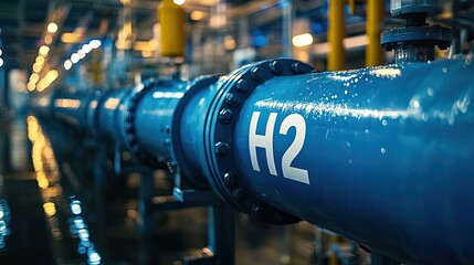 Close-up blue hydrogen pipeline marked "H2" showcasing hydrogen fuel technology highlighting role green hydrogen as sustainable alternative energy source transition to clean energy