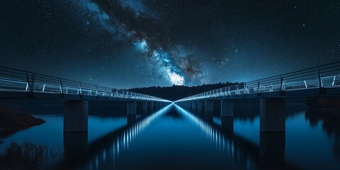 Fototapeta premium Illuminated metal bridge showcases stunning reflections on water beneath a dark starry sky featuring the Milky Way constellation, emphasizing the beauty of night photography and architectural design.