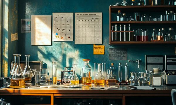 A laboratory workspace with various glassware and charts, showcasing scientific experimentation.