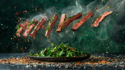 Succulent slices of herb seasoned steak floating gracefully against a solid background