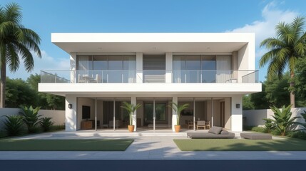 Contemporary Minimalist Two-Story White Chalet with Terrace and Large Windows