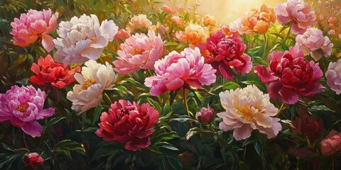 Fototapeta premium Peonies in a blooming landscape showcase vibrant colors and delicate petals, creating a stunning display of peonies that captivate the eye and evoke serene beauty in nature.