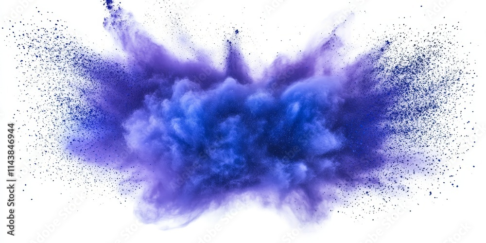 Aufkleber Blue powder explosion creates a striking effect on a white background, forming a mauve color cloud. Witness the captivating blue dust explosion and the dynamic freeze motion of paint during Holi