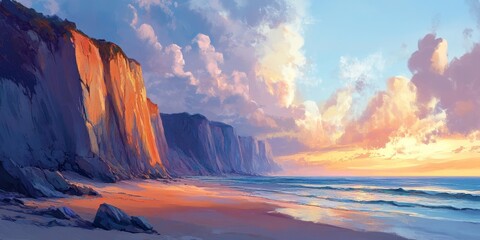 Naklejka premium Dawn at coastal cliffs presents a stunning visual spectacle. The dawn light illuminating the cliffs creates a breathtaking scene, showcasing the beauty of nature at the coastal cliffs.