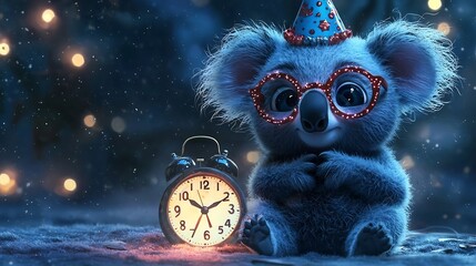 Charming of an adorable cartoon koala wearing festive glasses and a 2025 themed party hat sitting next to a glowing midnight countdown clock and embracing the excitement of the new year