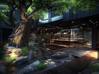 Serene Zen Garden: A contemporary oasis where nature meets architecture, with a tranquil pond and weathered tree at the heart of a Japanese-inspired garden.  