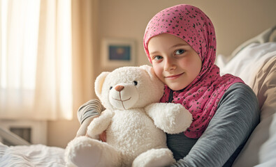 Child suffering from cancer holds white teddy bear while sitting on hospital bed in the ward. World Cancer Day concept