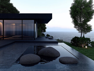 Modern Minimalist Home with Infinity Pool:  A sleek, modern home nestled atop a cliff overlooking the ocean. The minimalist design features a black facade, large windows.