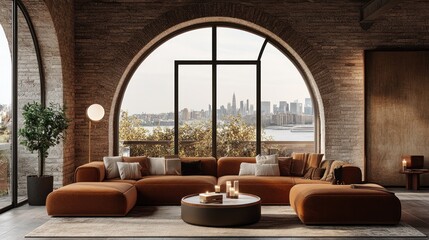 Modern living room with arched window, city view, brown sofa, and coffee table.