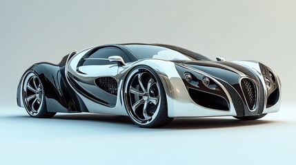 A sleek, futuristic sports car with a striking black and white design.