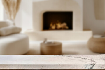 Empty marble top table with blurred living room interior Background. for product display.