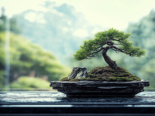 Serene Bonsai: A miniature evergreen bonsai tree thrives in a dark stone pot, set against a softly blurred backdrop of lush greenery and a tranquil window view.  The image evokes feelings of peace.