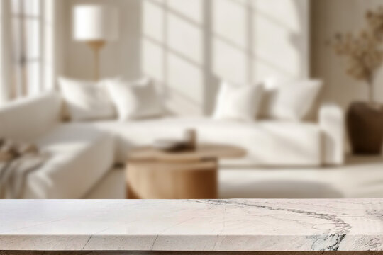 Empty marble top table with blurred living room interior Background. for product display.