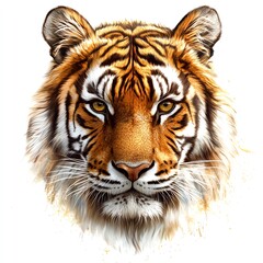 Majestic tiger face, detailed features, white isolated background.