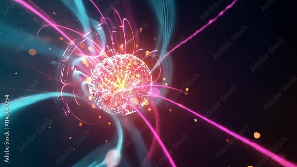 Poster big data sphere expanding with glowing connections and particles, creating a dynamic visualization o