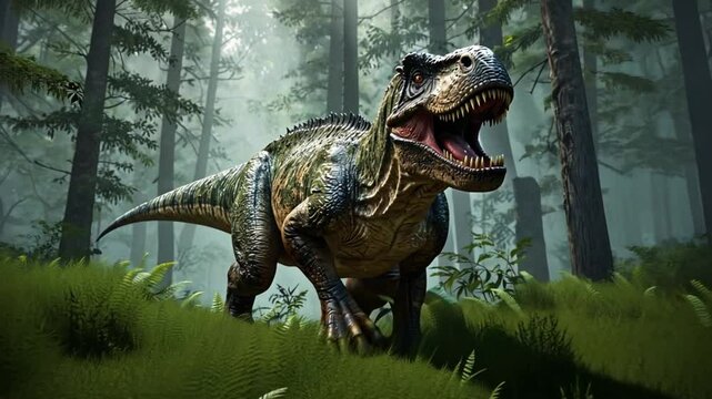 a t rex dinosaur is in the jungle close up
