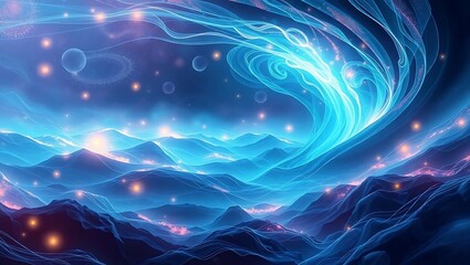 Mystical alien landscape featuring luminous, otherworldly textures, glowing orbs, and soft, ethereal shadows