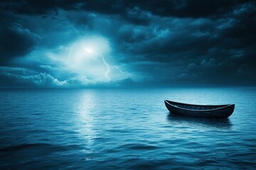 Serene Boat on Calm Waters Under Dark Stormy Sky with Lightning and Mysterious Clouds Illuminating the Landscape of Tranquil Ocean Scene