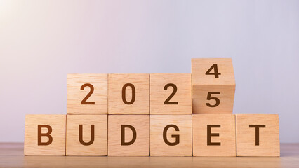 Flip wooden block cube for change 2024 to 2025 Budget for money planning and allocation concept