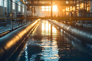 Obraz premium Closed-loop water recycling system in an industrial plant with copyspace. Soft light illuminating the process. Industrial interior background.