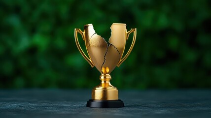 3D Cracked trophy on a pedestal, symbolizing broken dreams, failure in competition, and the pursuit of success despite setbacks