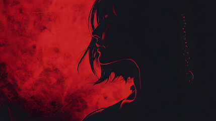 watercolor illustration, vintage postcard, National Human Trafficking Awareness Day, silhouette of a sad woman, dark black red background, copy space, free space for text