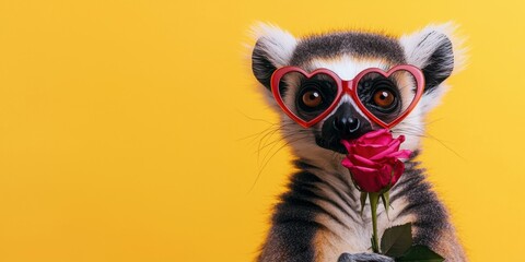 Close-up of a lemur with heart sunglasses studio fun in yellow