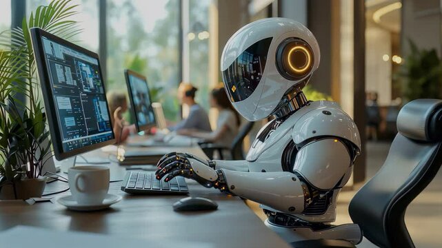 Advanced humanoid robot working in a futuristic office. A high-tech humanoid robot with glowing orange accents typing on a computer in a modern, collaborative office environment.
